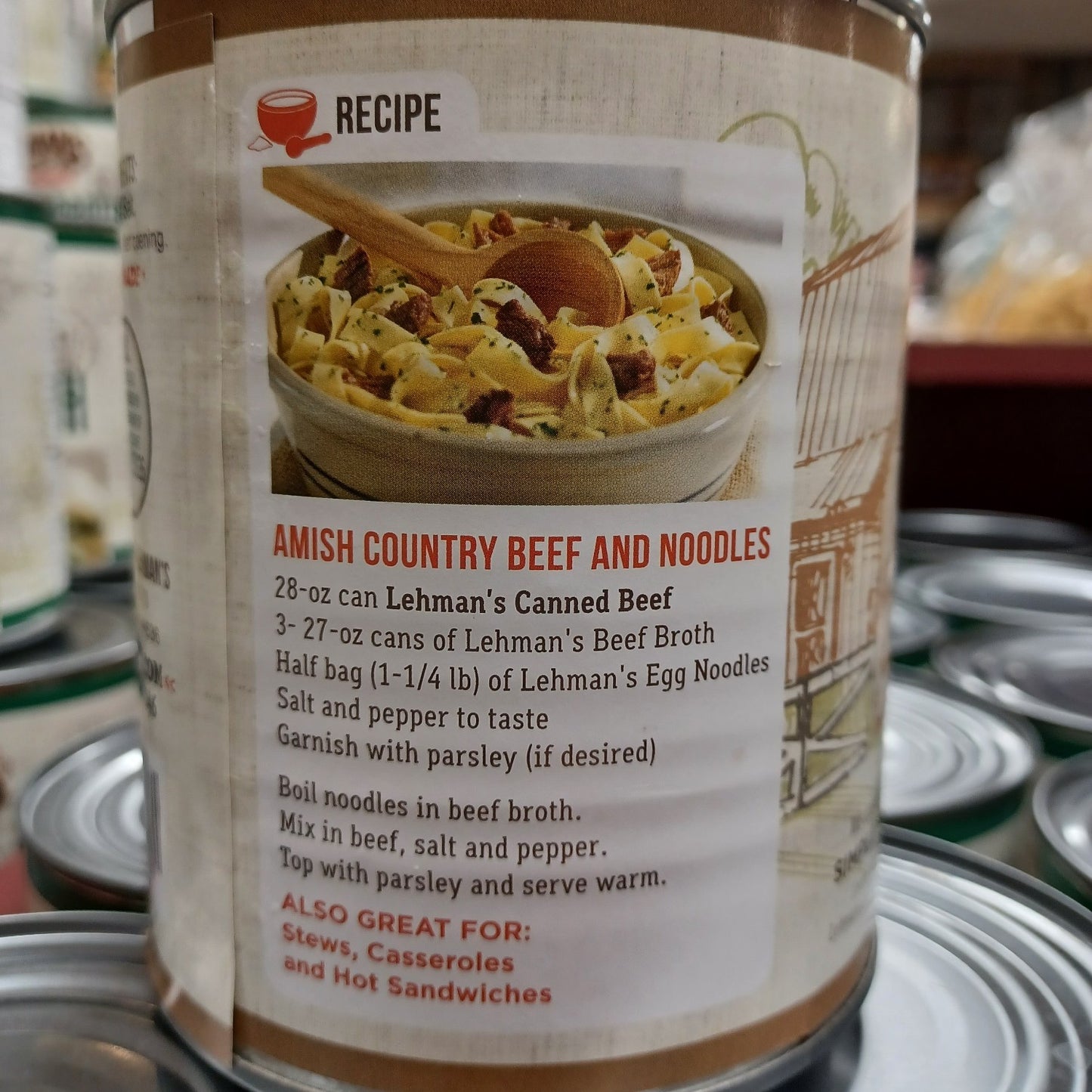 Recipe instructions for preparing Amish Country Beef and Noodles using handcrafted canned beef, featured for Farm, Garden & Tool, Kitchen & Food, Emergency Supplies, Food, Meats, Best Sellers, and Promo Eligible collections.