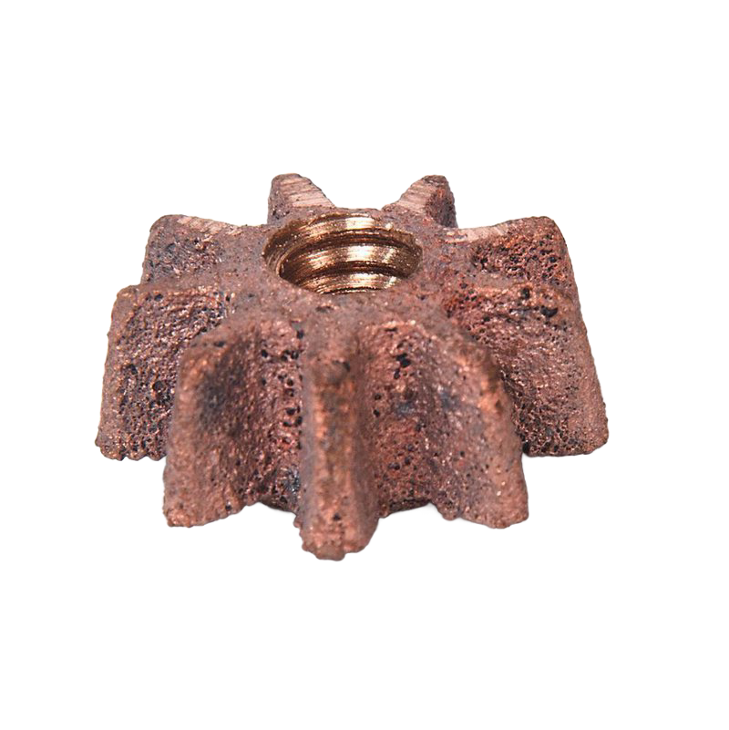 Close-up of a handcrafted bronze gear pinion with eight teeth and central threaded hole, designed for use in apple peeling equipment, featured in farm and kitchen tool collections.