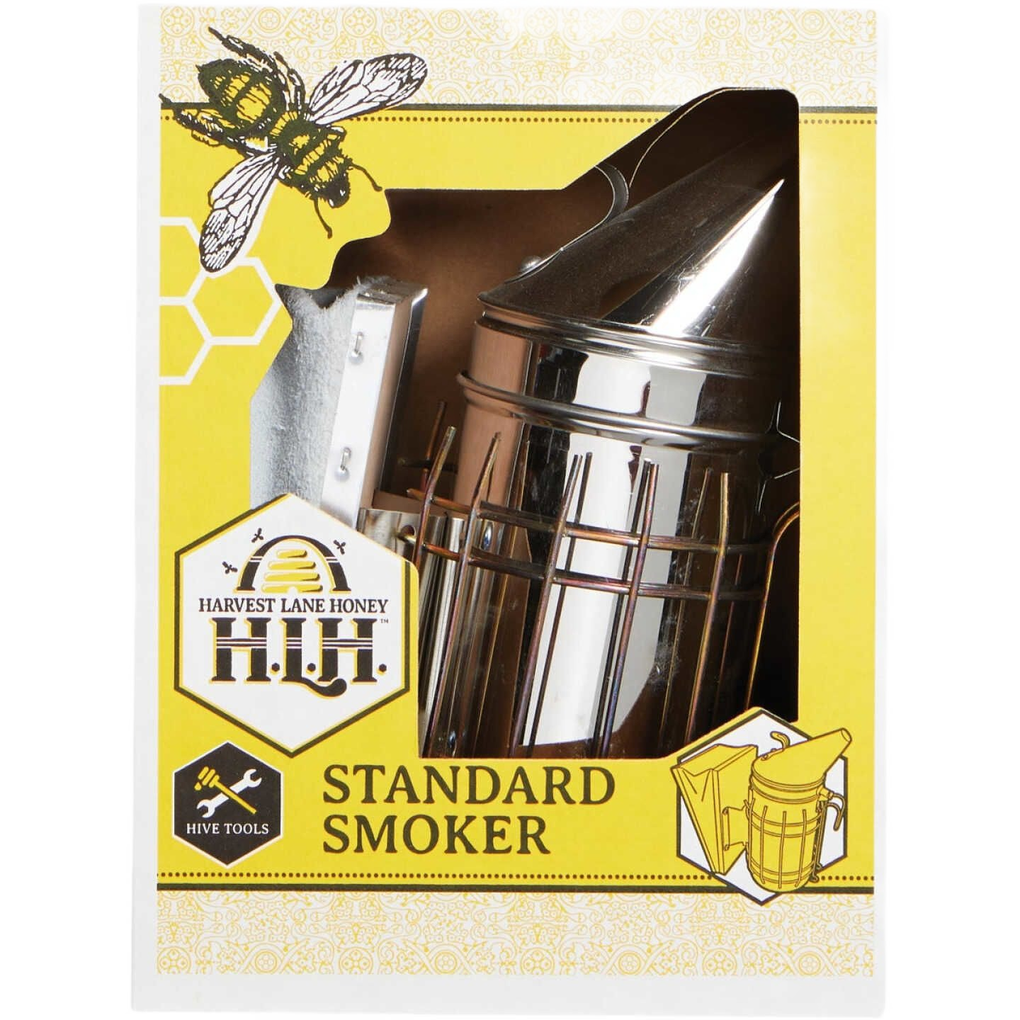 Unique handcrafted stainless steel beekeeping smoker with a protective wire grid and hanging hook, designed for Farm, Garden & Tool, Animal Care, and Beekeeping Supplies collections.