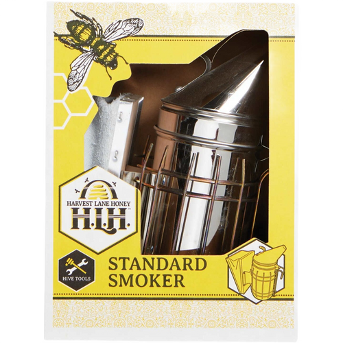 Unique handcrafted stainless steel beekeeping smoker with a protective wire grid and hanging hook, designed for Farm, Garden & Tool, Animal Care, and Beekeeping Supplies collections.