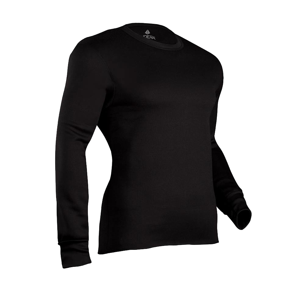Black long-sleeve military weight fleece shirt with ribbed cuffs and fleeced polyester interior for warmth and moisture wicking, ideal for Health & Wellness, Clothing and Accessories, Best Sellers, and Promo Eligible collections.
