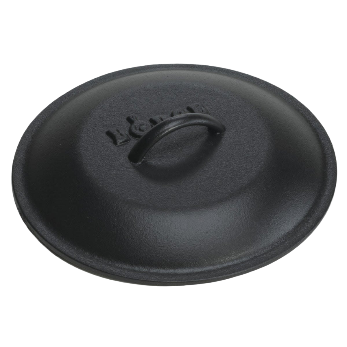 Pre-seasoned cast iron lid featuring a sturdy handle and embossed branding, designed for cookware with self-basting nubs, made in USA, ideal for Kitchen & Food, Cast Iron, Best Sellers, and Promo Eligible collections.