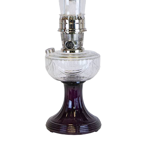 Handcrafted oil lamp with a clear glass font over a sweeping amethyst glass pedestal base and polished metal burner, perfect for Lamps & Lighting, Oil Lamps, Table Lamps, and Best Sellers collections.