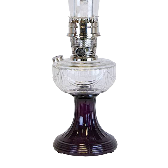 Handcrafted oil lamp with a clear glass font over a sweeping amethyst glass pedestal base and polished metal burner, perfect for Lamps & Lighting, Oil Lamps, Table Lamps, and Best Sellers collections.