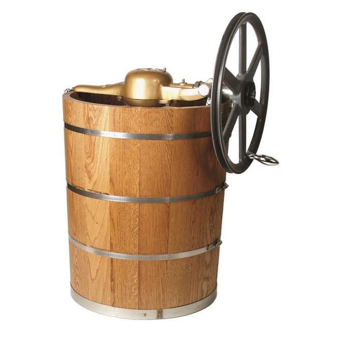 Tall wooden ice cream freezer with sturdy metal bands and large black flywheel handle, crafted with rugged USA made construction, featured in Kitchen & Food and Specialty Equipment collections.