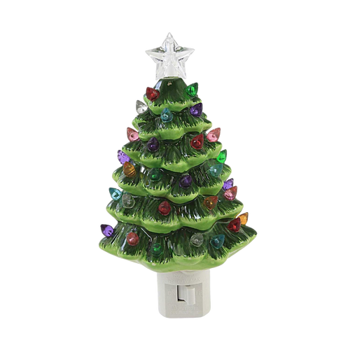Handcrafted ceramic green Christmas tree nightlight with multicolored bulbs and clear star topper, designed for festive glow, featured in Home & Decor, Holiday Decor, Best Sellers, and Promo Eligible collections.