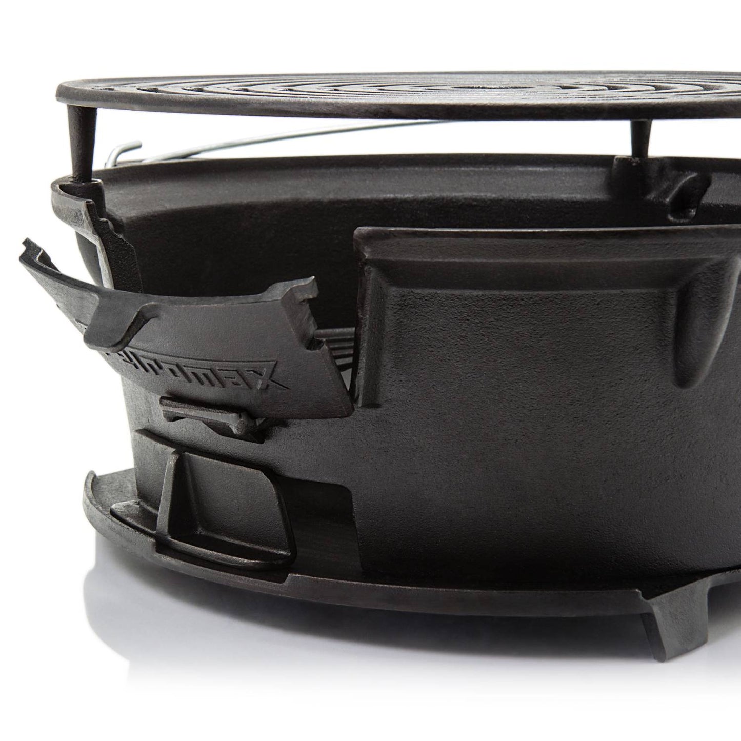 Close-up of a durable cast iron fire grill with adjustable air vent and elevated grate, designed for efficient charcoal grilling in Farm, Garden & Tool, Camping, and Grilling collections.