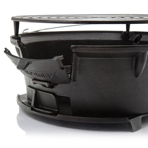 Close-up of a durable cast iron fire grill with adjustable air vent and elevated grate, designed for efficient charcoal grilling in Farm, Garden & Tool, Camping, and Grilling collections.