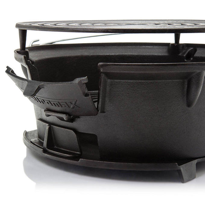 Close-up of a durable cast iron fire grill with adjustable air vent and elevated grate, designed for efficient charcoal grilling in Farm, Garden & Tool, Camping, and Grilling collections.