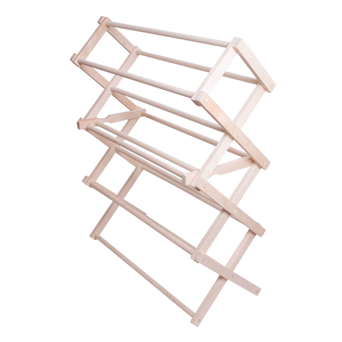 Handcrafted wooden floor clothes dryer with multiple drying rods, designed for indoor or outdoor use, Amish made and featured in Home & Decor, Laundry Supplies, and Best Sellers collections.
