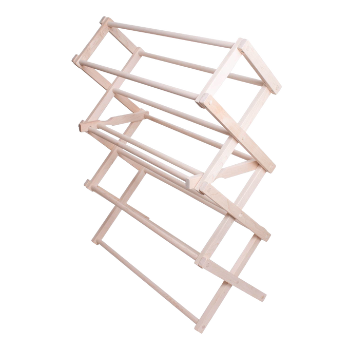 Handcrafted wooden floor clothes dryer with multiple drying rods, designed for indoor or outdoor use, Amish made and featured in Home & Decor, Laundry Supplies, and Best Sellers collections.