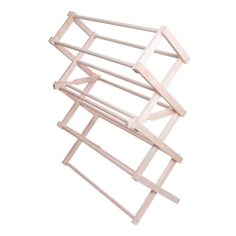 Handcrafted wooden floor clothes dryer with multiple drying rods, designed for indoor or outdoor use, Amish made and featured in Home & Decor, Laundry Supplies, and Best Sellers collections.