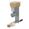 Compact grain mill with adjustable front dial and stainless steel burrs, featuring a wooden handle and clear hopper filled with grain, shown with fresh flour and wheat stalks, ideal for Kitchen & Food and Bread Making Supplies collections.