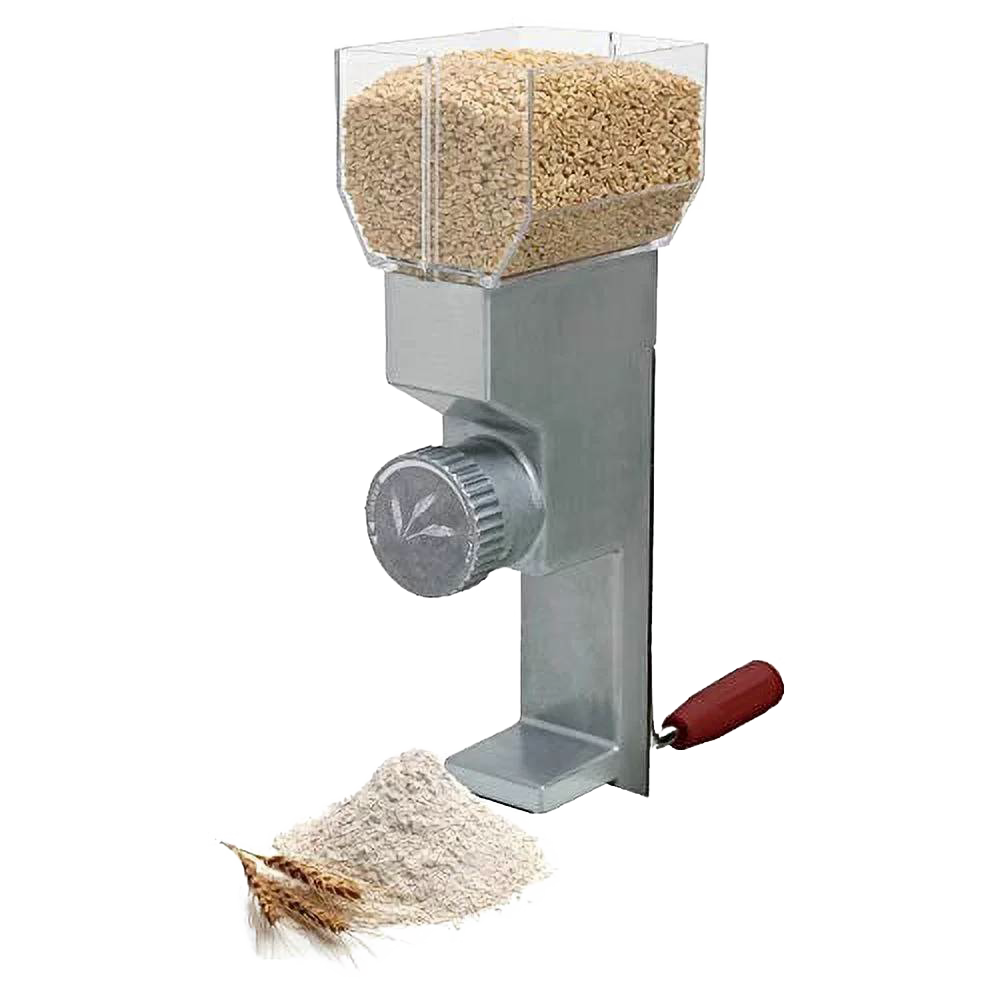 Compact grain mill with adjustable front dial and stainless steel burrs, featuring a wooden handle and clear hopper filled with grain, shown with fresh flour and wheat stalks, ideal for Kitchen & Food and Bread Making Supplies collections.