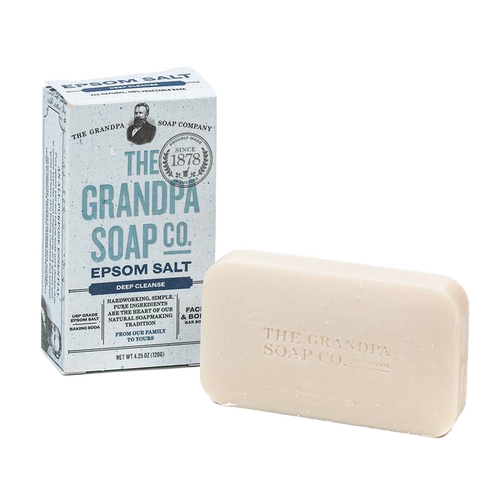 Handcrafted bar soap with pure epsom salt and baking soda for deep cleansing, featuring a simple, unperfumed formula, part of Health & Wellness and USA Made collections.
