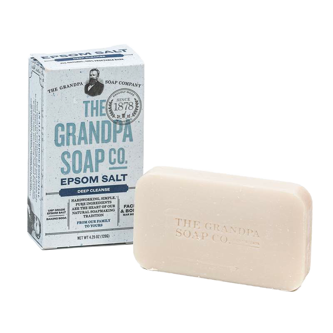 Handcrafted bar soap with pure epsom salt and baking soda for deep cleansing, featuring a simple, unperfumed formula, part of Health & Wellness and USA Made collections.