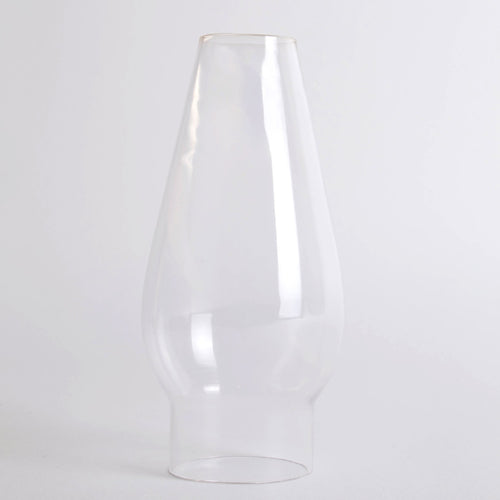 Clear glass oil lamp chimney with a smooth top and tapered design, handcrafted for use in lamps and lighting, parts and accessories, chimneys and globes collections.