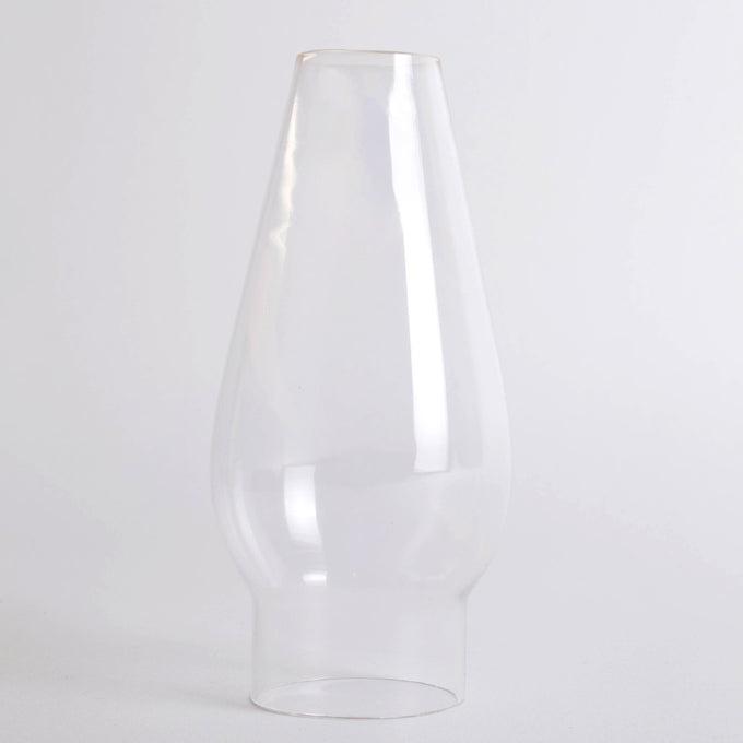 Clear glass oil lamp chimney with a smooth top and tapered design, handcrafted for use in lamps and lighting, parts and accessories, chimneys and globes collections.