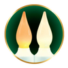 Two candle-shaped LED lights glowing in amber and warm white colors, illustrating a cordless window candle designed for Home & Decor and Holiday Decor collections.