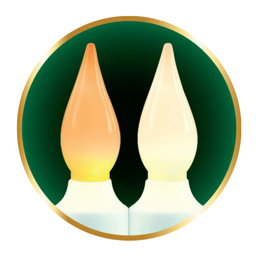 Two candle-shaped LED lights glowing in amber and warm white colors, illustrating a cordless window candle designed for Home & Decor and Holiday Decor collections.