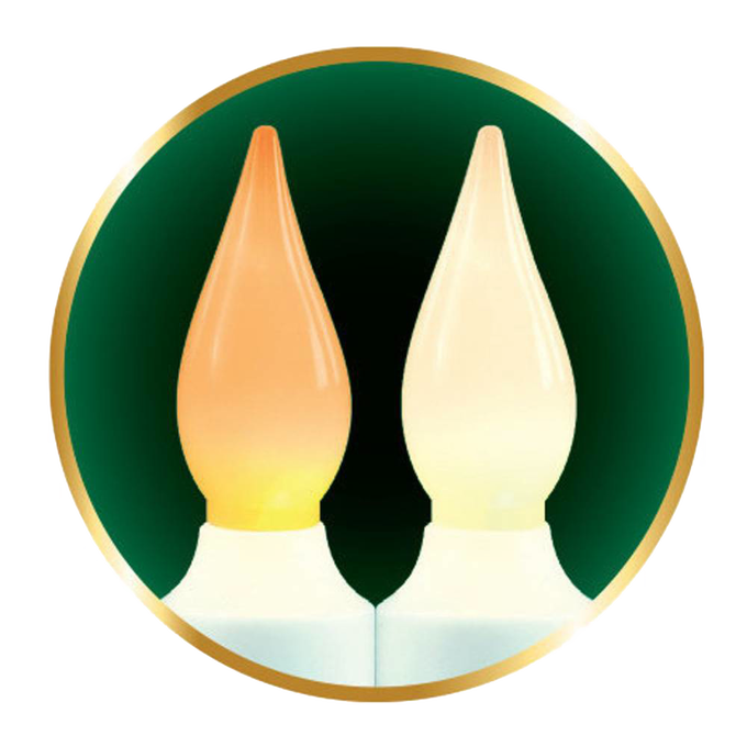 Two candle-shaped LED lights glowing in amber and warm white colors, illustrating a cordless window candle designed for Home & Decor and Holiday Decor collections.