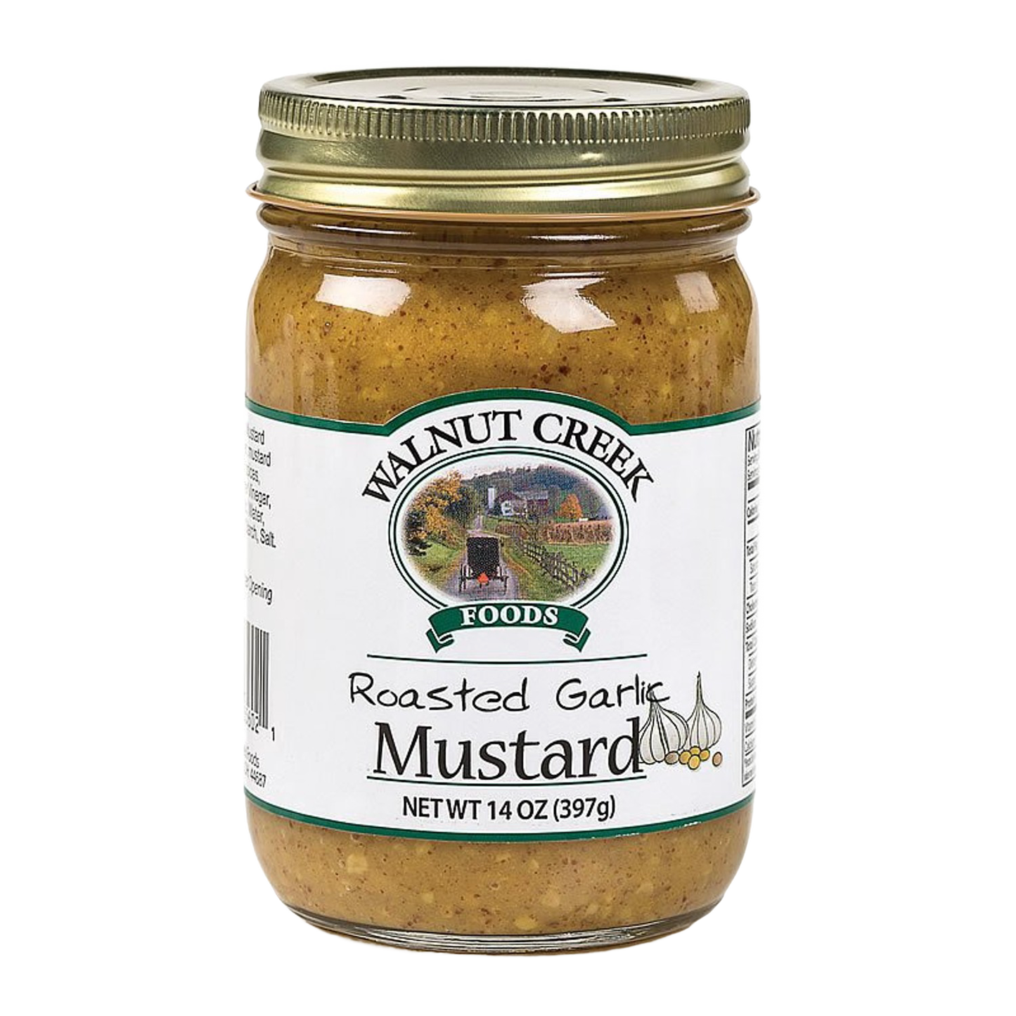 Glass jar of handcrafted roasted garlic mustard with gold metal lid and label featuring farmland scene, made in USA, ideal for Kitchen & Food, Pantry, USA Made, Best Sellers, Promo Eligible collections