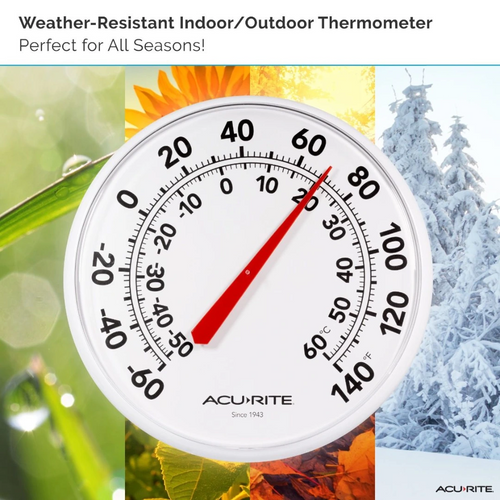 White weather-resistant indoor outdoor thermometer with bold black numbers and red needle, measuring temperature in Fahrenheit and Celsius, featured in Farm, Garden & Tool and Best Sellers collections.