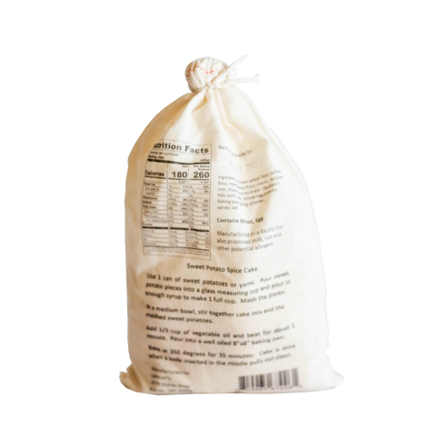 Natural fabric drawstring bag containing handcrafted sweet potato spice cake mix with detailed baking instructions and nutrition facts, ideal for Kitchen & Food, Pantry, Dry Goods and Mixes, Best Sellers, Promo Eligible collections.