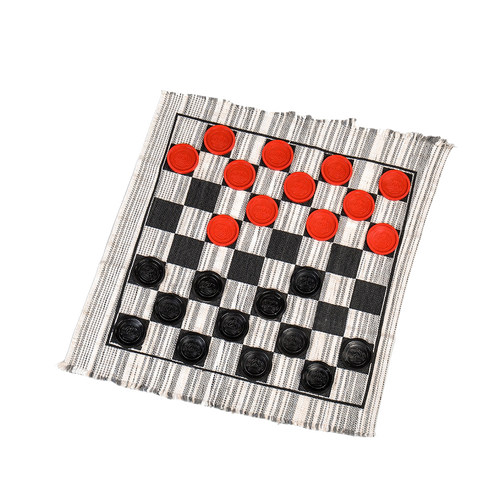 Handcrafted jumbo checker rug game with machine-washable woven fabric in black and white stripes, featuring red and black pieces, ideal for Toys, Books & Games and USA Made collections.