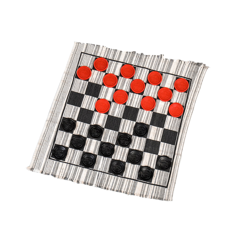 Handcrafted jumbo checker rug game with machine-washable woven fabric in black and white stripes, featuring red and black pieces, ideal for Toys, Books & Games and USA Made collections.