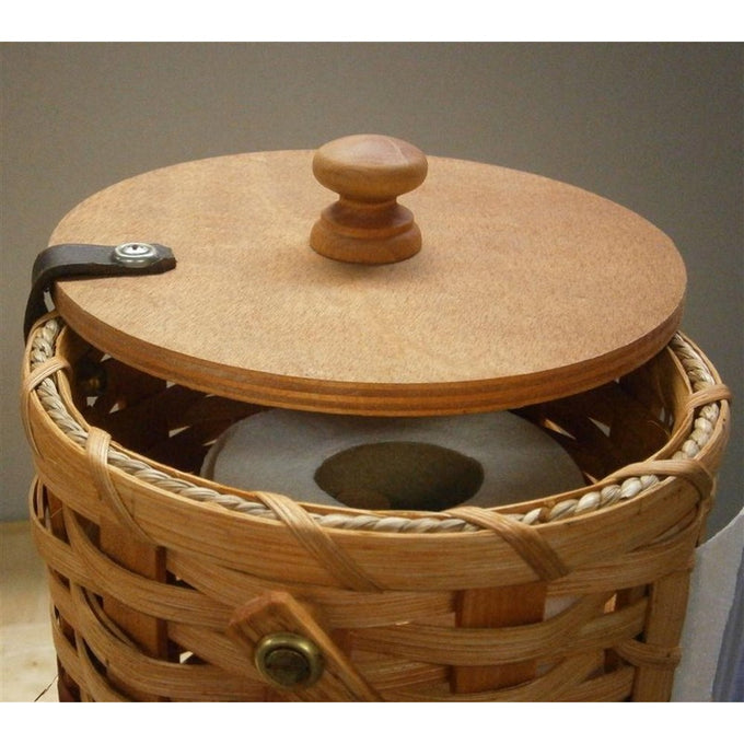 Handcrafted Amish-made paper towel holder featuring a smooth wooden lid with knob, woven basket sides, designed for neat storage and easy use, ideal for Home & Decor and Household Helpers collections.