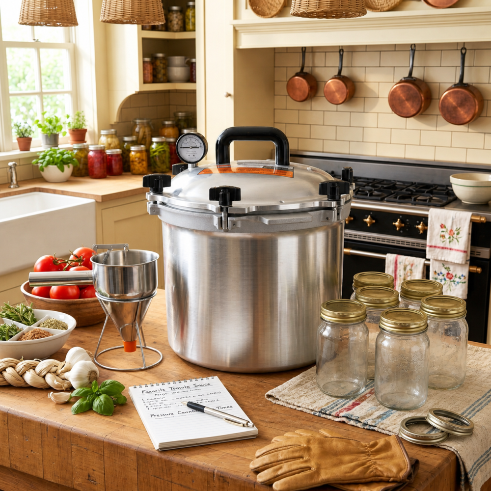 Stainless steel pressure canner with secure locking lid and pressure gauge, paired with glass canning jars, funnel, and gloves on wooden kitchen table for food preservation in Kitchen & Food collections.