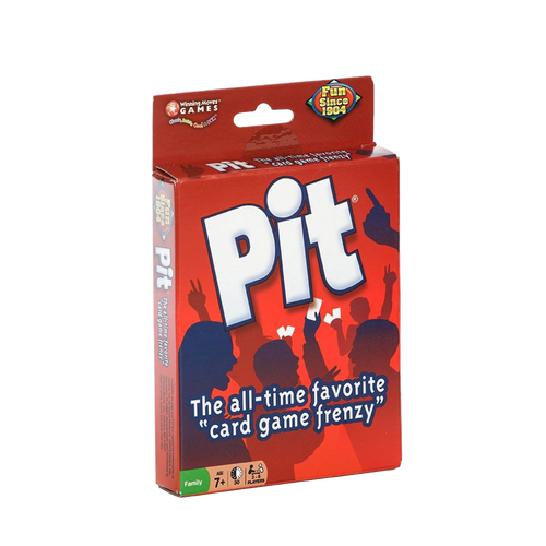 Red game box featuring bold white text "Pit" and silhouettes of people trading cards, highlighting a lively card game for ages 7 and up in Toys, Books & Games and Table and Board Games collections.