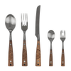 Five-piece camping cutlery set with stainless steel heads and engraved wooden handles, designed for durable outdoor use, featured in Camping, Kitchen & Food, and Dinnerware collections.