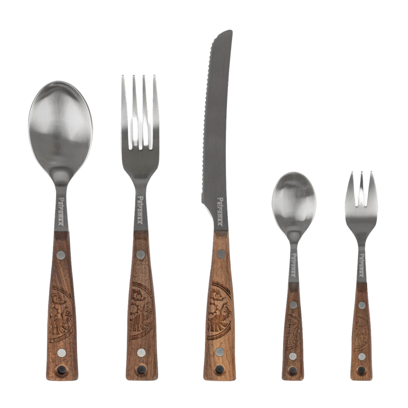 Five-piece camping cutlery set with stainless steel heads and engraved wooden handles, designed for durable outdoor use, featured in Camping, Kitchen & Food, and Dinnerware collections.