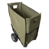 Foldable garden cart with durable olive-green liner and sturdy black steel frame, equipped with two rugged wheels and handle cutouts, ideal for farm, garden, and wood hauling tasks.