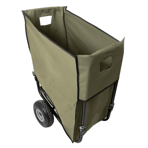 Foldable garden cart with durable olive-green liner and sturdy black steel frame, equipped with two rugged wheels and handle cutouts, ideal for farm, garden, and wood hauling tasks.
