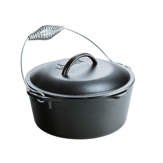 Pre-seasoned cast iron Dutch oven with spiral bail handle and self-basting lid featuring nubs underneath, ideal for Kitchen & Food, Cookware, Cast Iron, USA Made, Best Sellers, and Promo Eligible collections.