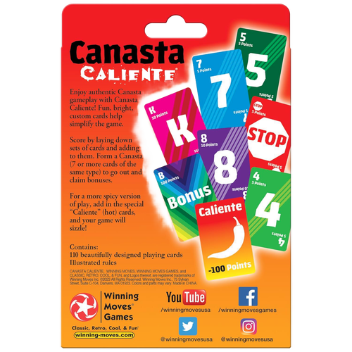 Brightly colored Canasta game card pack featuring custom cards with point values and special Caliente cards, perfect for family fun in toys, games, and puzzles collections.