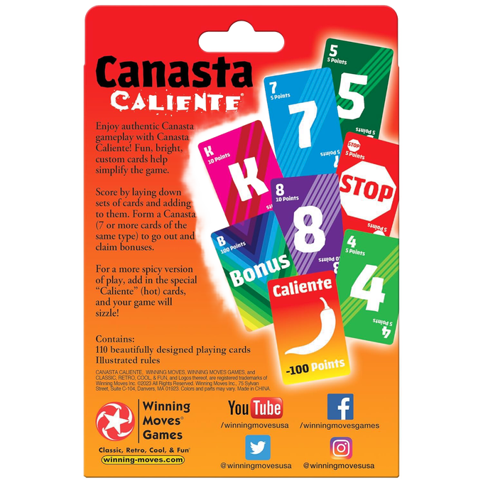 Brightly colored Canasta game card pack featuring custom cards with point values and special Caliente cards, perfect for family fun in toys, games, and puzzles collections.