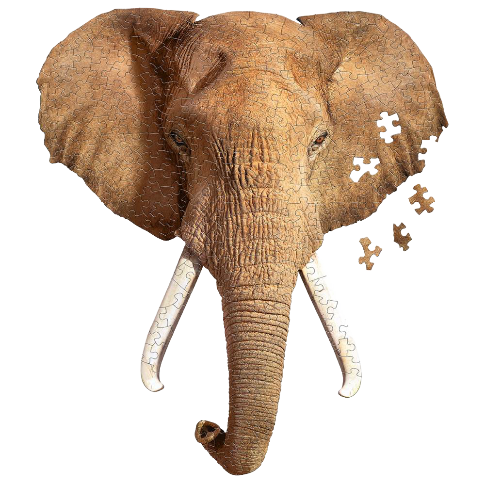Elephant head-shaped 300-piece jigsaw puzzle in progress, featuring realistic elephant skin and tusks, designed for children's and family games and puzzles collections.