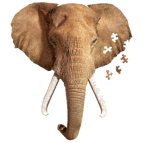 Elephant head-shaped 300-piece jigsaw puzzle in progress, featuring realistic elephant skin and tusks, designed for children's and family games and puzzles collections.