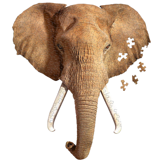 Elephant head-shaped 300-piece jigsaw puzzle in progress, featuring realistic elephant skin and tusks, designed for children's and family games and puzzles collections.