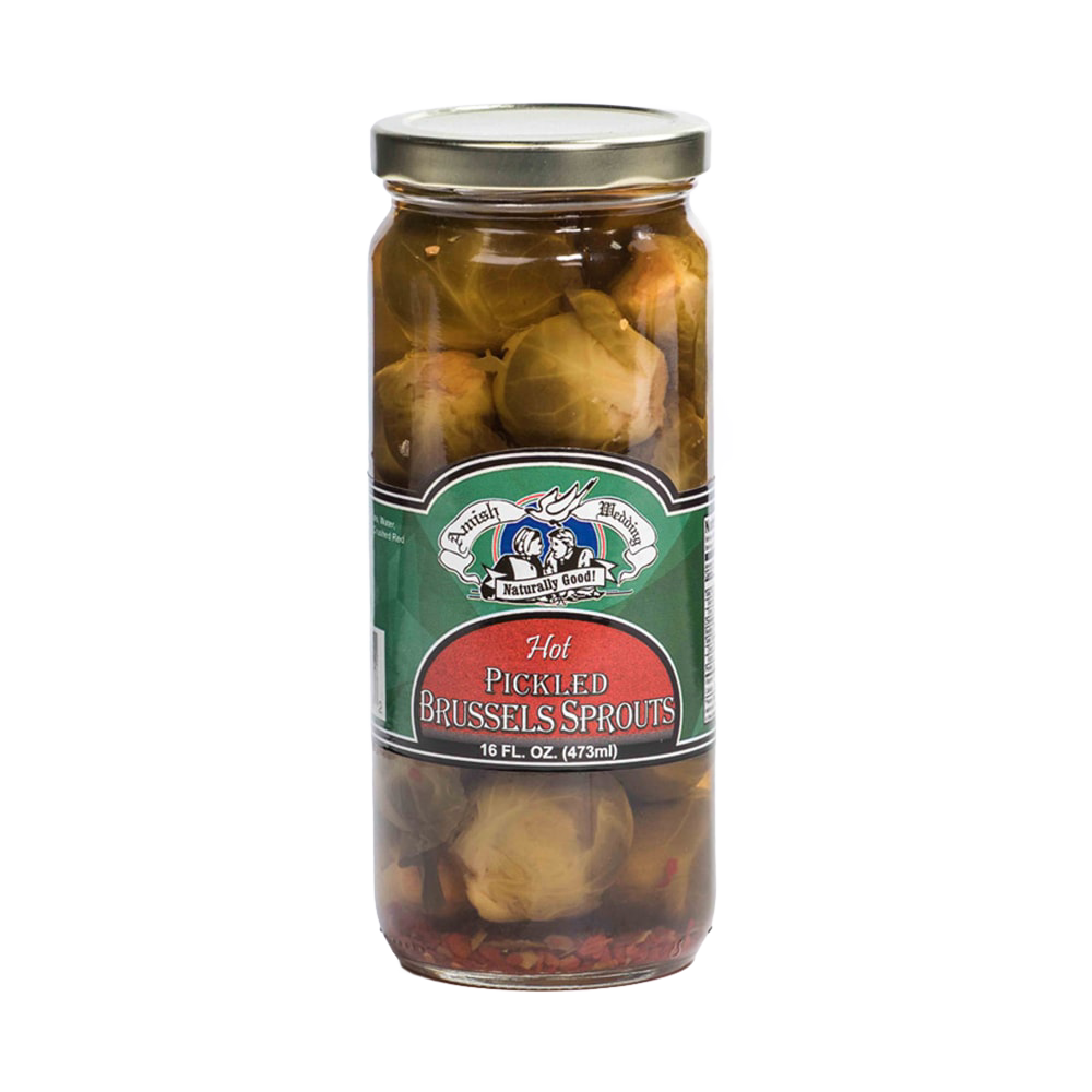 Glass jar of handcrafted hot pickled Brussels sprouts in spicy brine, made in USA, perfect for Kitchen & Food, Pantry, Best Sellers, and Promo Eligible collections.