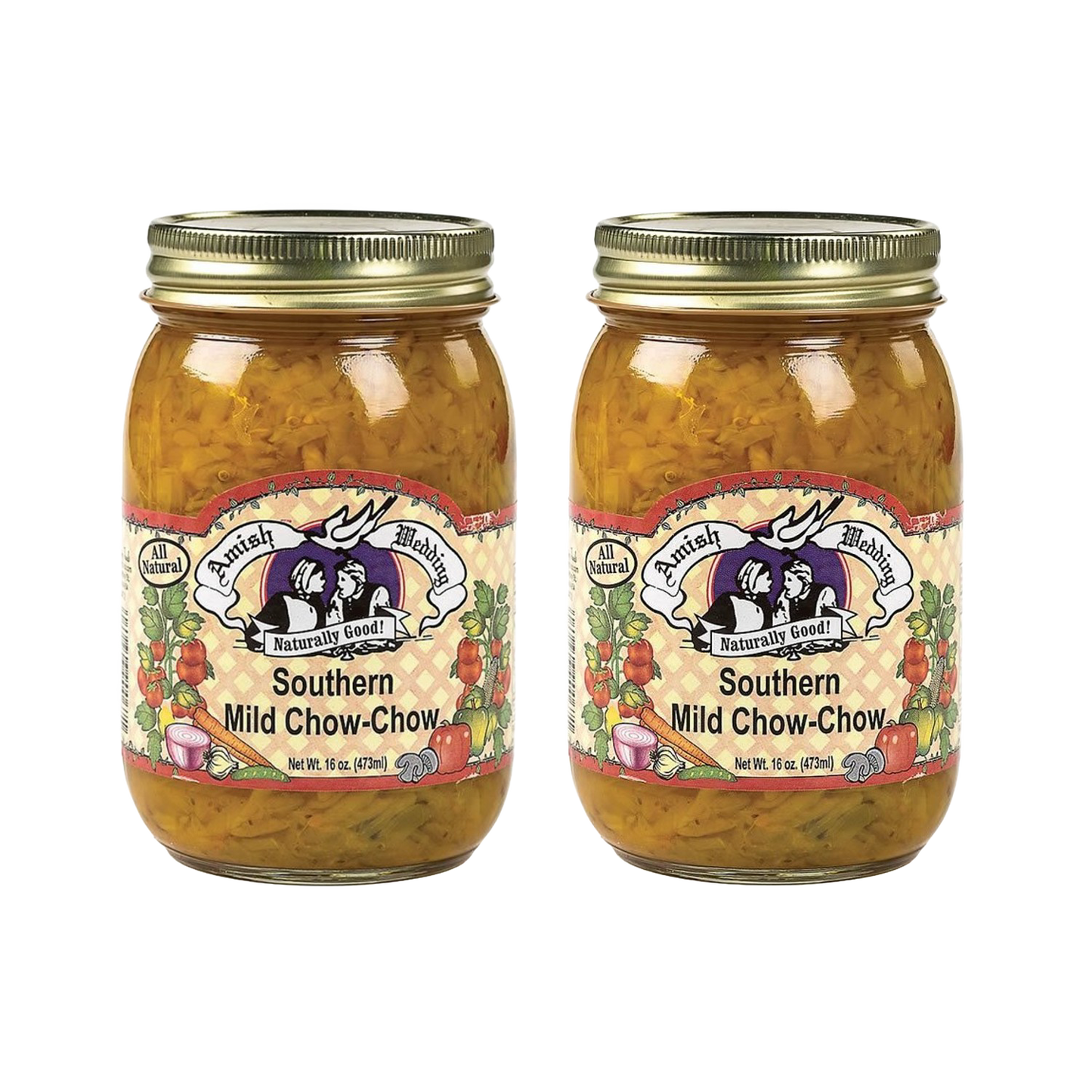 Two handcrafted jars of mild homemade Southern Chow-Chow relish with gold lids, perfect for Kitchen & Food, Pantry, USA Made, Best Sellers, and Promo Eligible collections.