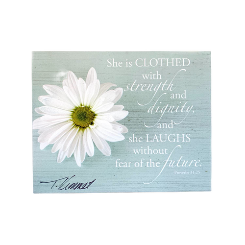 Handcrafted scenic magnet featuring a white daisy on a rustic blue wooden background with an inspiring Bible verse from Proverbs 31:25, ideal for Home & Decor and Best Sellers collections.