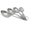 Four-piece set of thick stainless steel measuring scoops in various sizes, connected by a metal ring, perfect for precise scooping and measuring in Kitchen & Food, Cookware, Baking Supplies, and Food Prep collections.