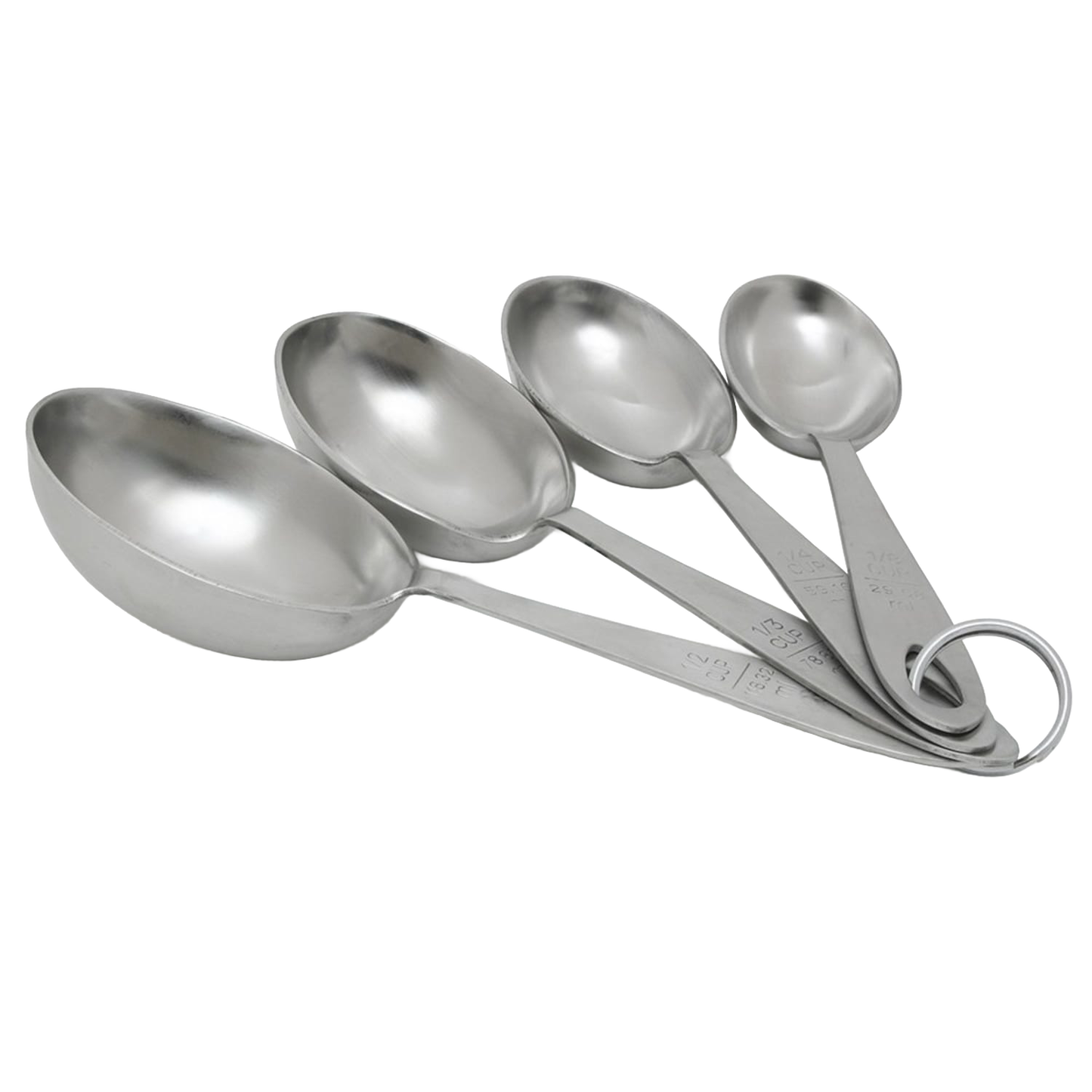 Four-piece set of thick stainless steel measuring scoops in various sizes, connected by a metal ring, perfect for precise scooping and measuring in Kitchen & Food, Cookware, Baking Supplies, and Food Prep collections.