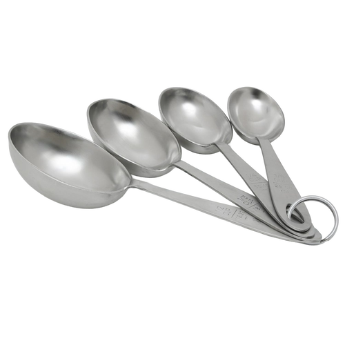 Four-piece set of thick stainless steel measuring scoops in various sizes, connected by a metal ring, perfect for precise scooping and measuring in Kitchen & Food, Cookware, Baking Supplies, and Food Prep collections.
