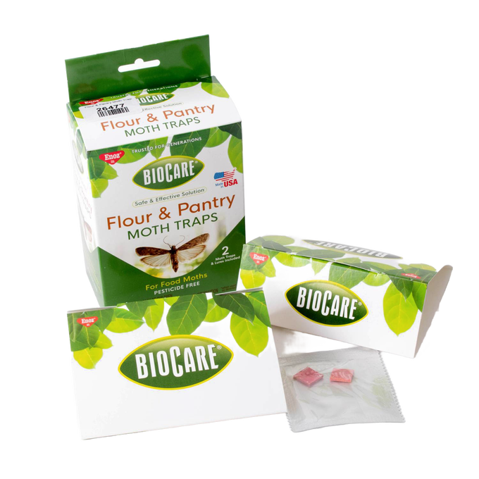 Green and white cardboard packaging for flour and pantry moth traps featuring leaf graphics, with two small pink pheromone attractant pads and an unfolded trap visible, part of Home & Decor, Farm, Garden & Tool, Pest Control, Household Helpers, USA Made, Best Sellers, and Promo Eligible collections.
